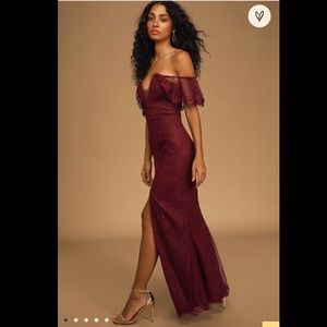 Lulu’s Caught In A Daydream Burgundy Lace Off The Shoulder Maxi Dress